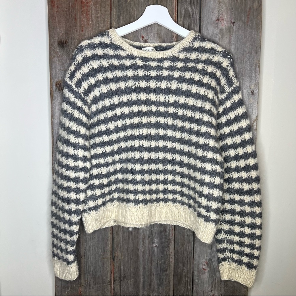 Vintage J. Crew Wool Textured Crochet Knit Striped Crewneck Sweater Medium